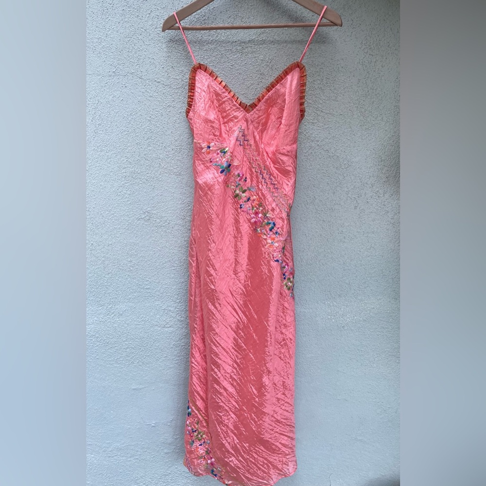 ABS Allen Schwartz Coral Pink Embroidered Slip Midi Dress